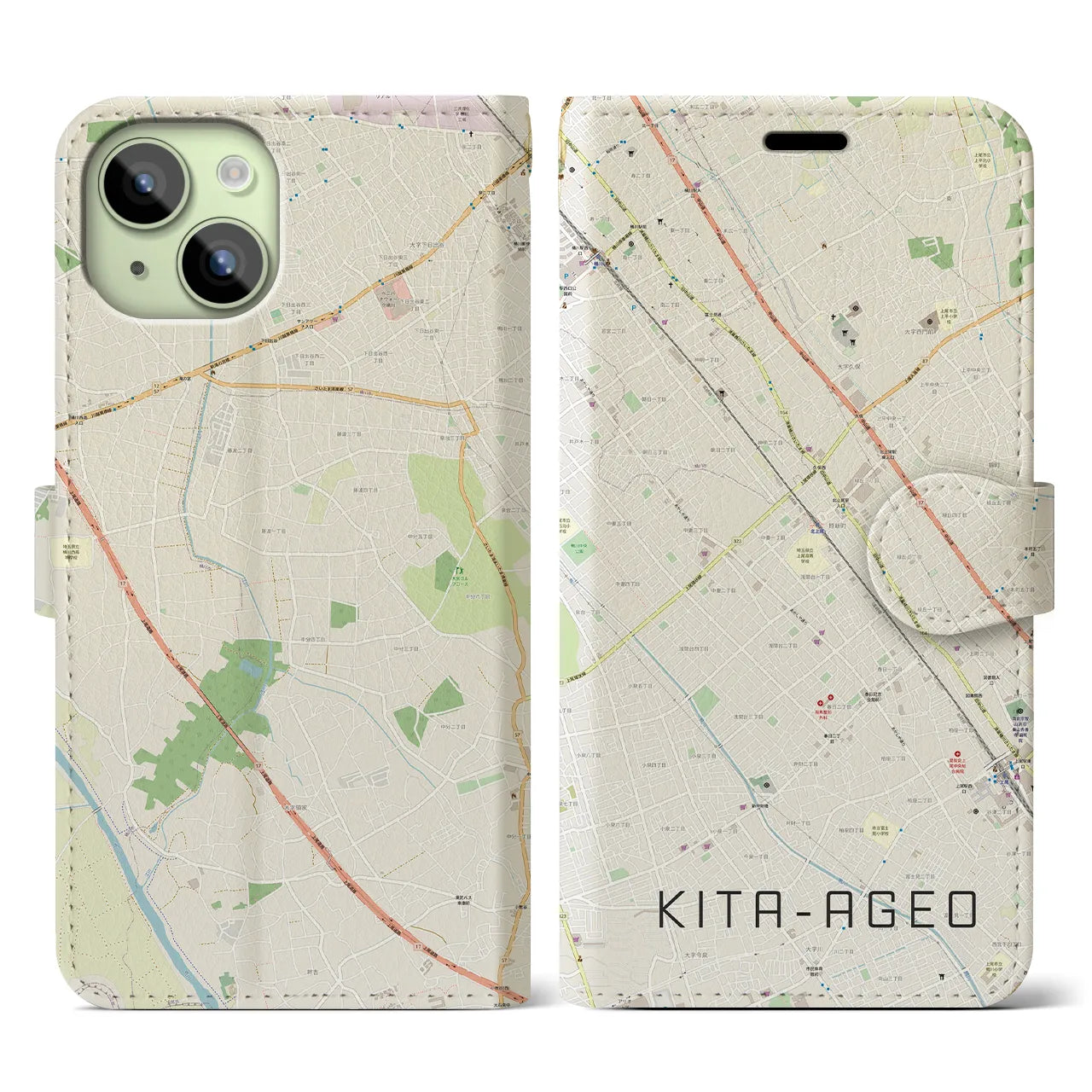 【北上尾(埼玉県)】地図柄iPhoneケース(手帳タイプ)ナチュラル・iPhone 15 用