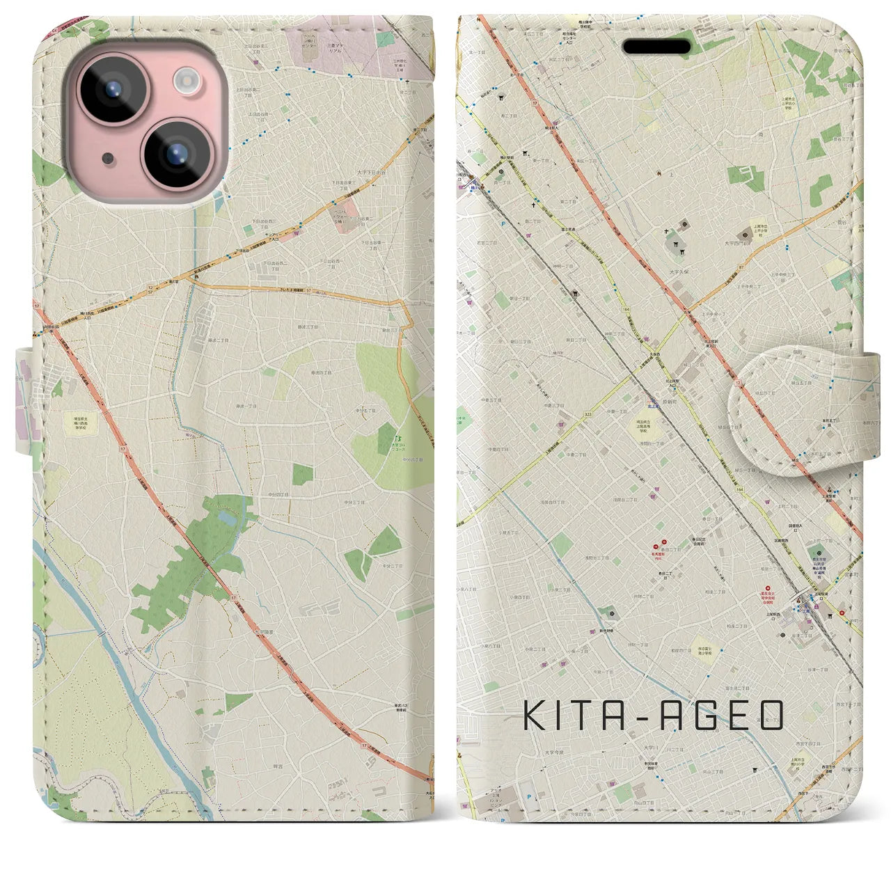 【北上尾(埼玉県)】地図柄iPhoneケース(手帳タイプ)ナチュラル・iPhone 15 Plus 用