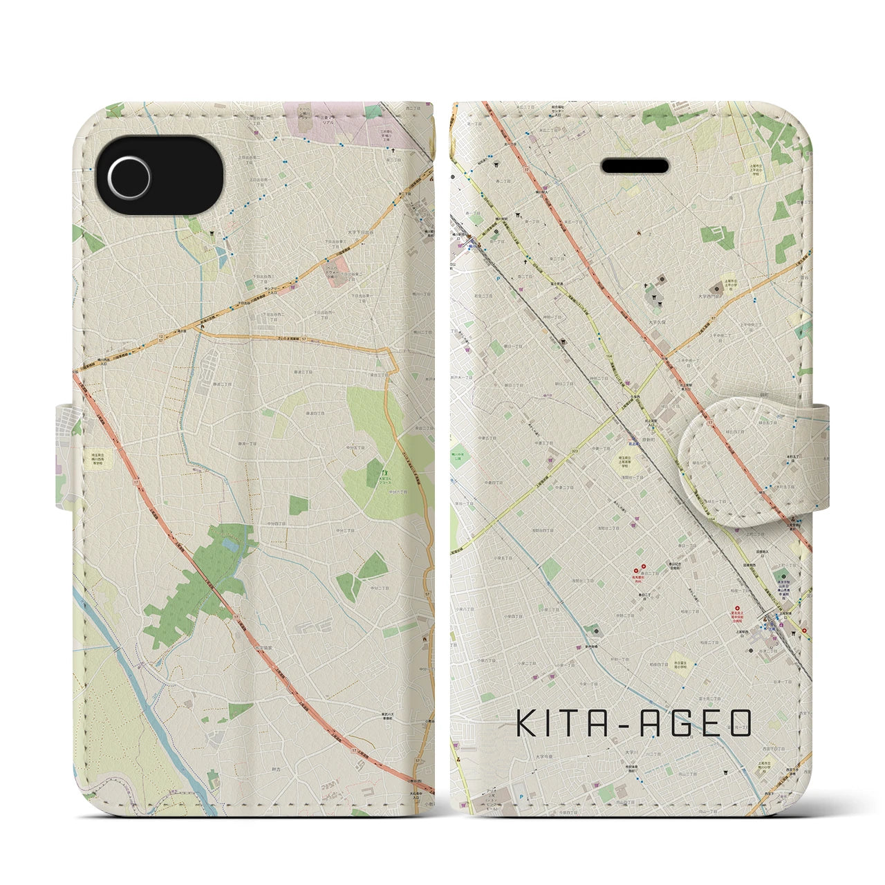 【北上尾(埼玉県)】地図柄iPhoneケース(手帳タイプ)ナチュラル・iPhone SE(第3 / 第2世代) / 8 / 7 / 6s / 6 用