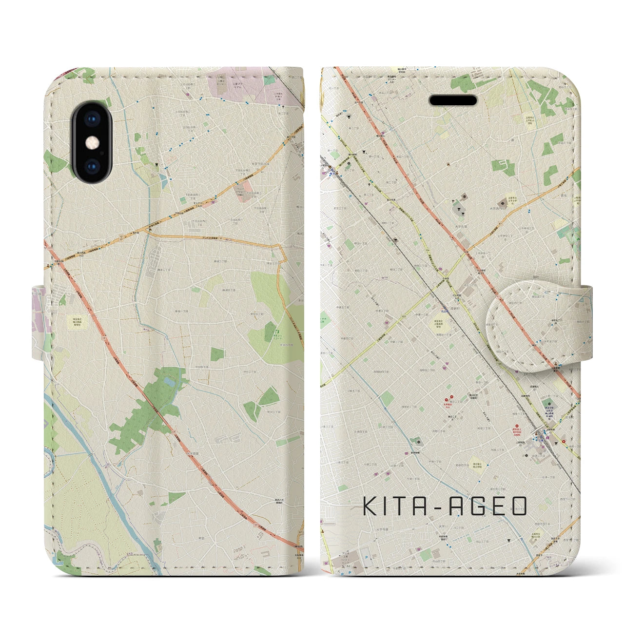【北上尾(埼玉県)】地図柄iPhoneケース(手帳タイプ)ナチュラル・iPhone XS / X 用