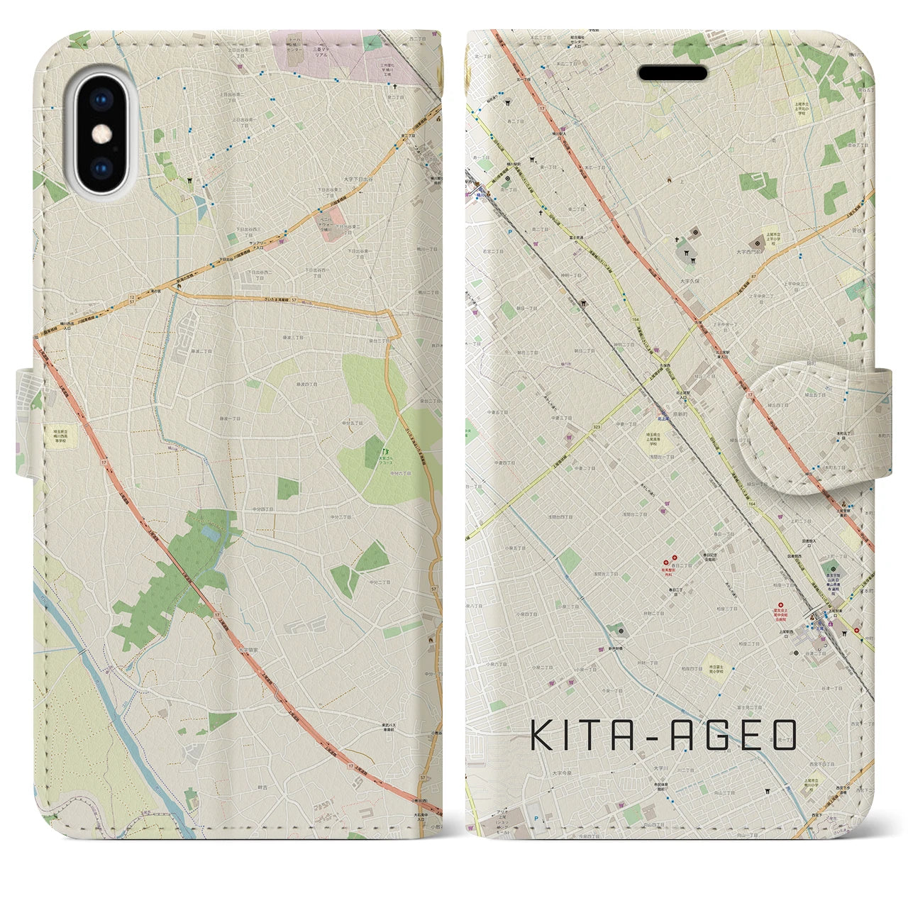 【北上尾(埼玉県)】地図柄iPhoneケース(手帳タイプ)ナチュラル・iPhone XS Max 用