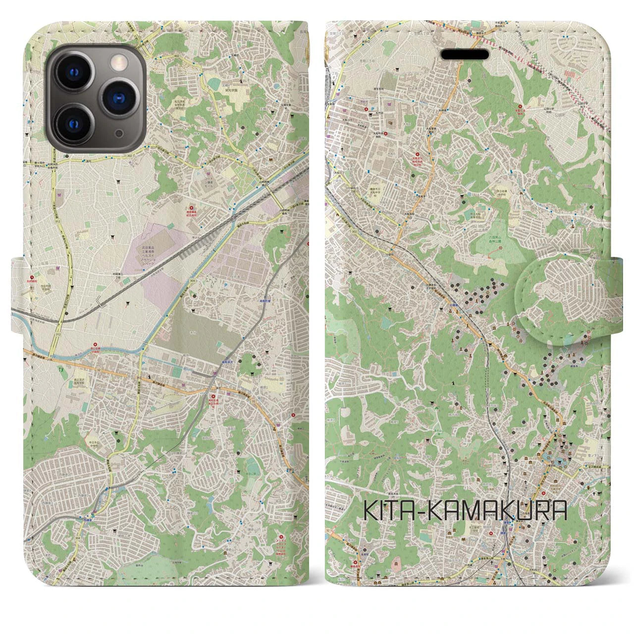 【北鎌倉(神奈川県)】地図柄iPhoneケース(手帳タイプ)ナチュラル・iPhone 11 Pro Max 用
