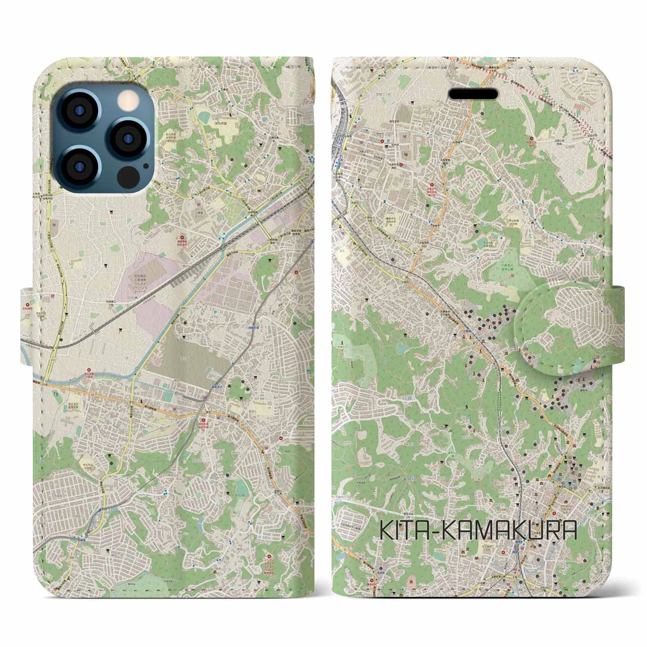 【北鎌倉(神奈川県)】地図柄iPhoneケース(手帳タイプ)ナチュラル・iPhone 12 / 12 Pro 用