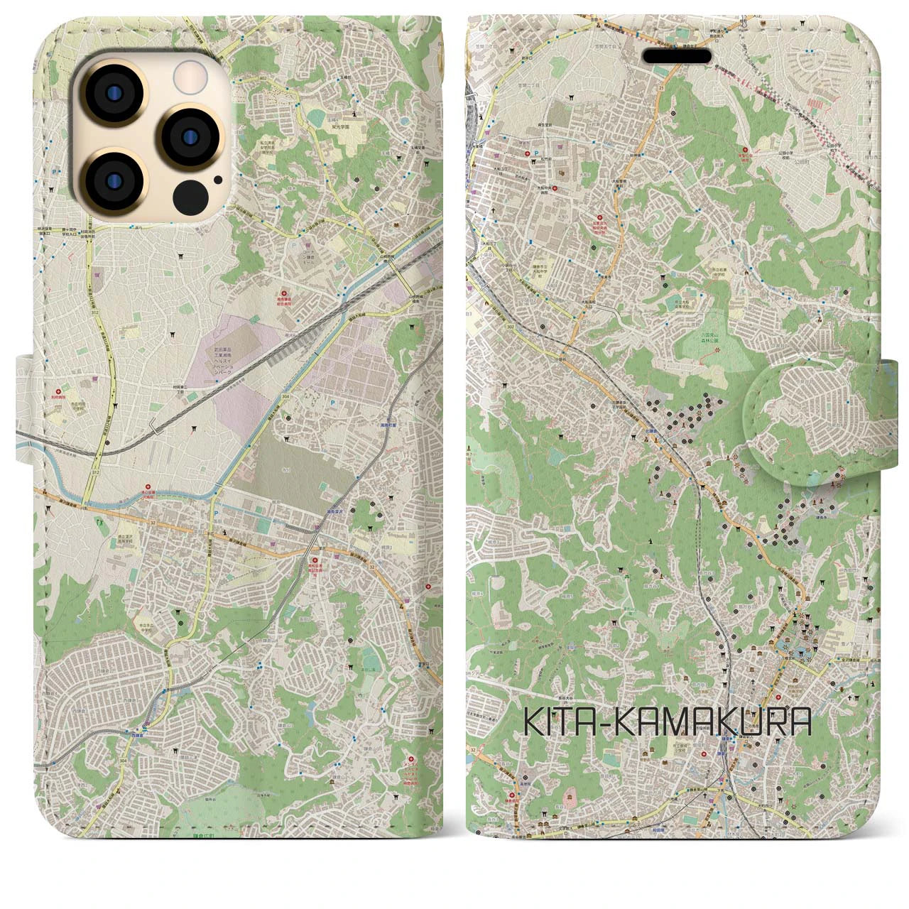 【北鎌倉(神奈川県)】地図柄iPhoneケース(手帳タイプ)ナチュラル・iPhone 12 Pro Max 用