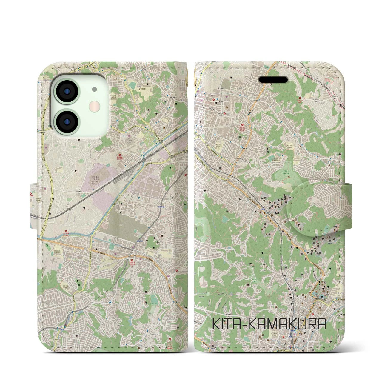 【北鎌倉(神奈川県)】地図柄iPhoneケース(手帳タイプ)ナチュラル・iPhone 12 mini 用