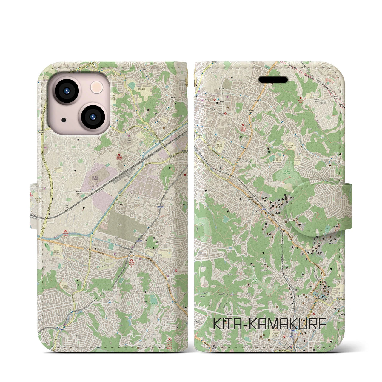 【北鎌倉(神奈川県)】地図柄iPhoneケース(手帳タイプ)ナチュラル・iPhone 13 mini 用