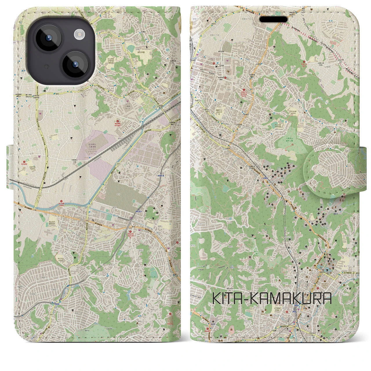 【北鎌倉(神奈川県)】地図柄iPhoneケース(手帳タイプ)ナチュラル・iPhone 14 Plus 用