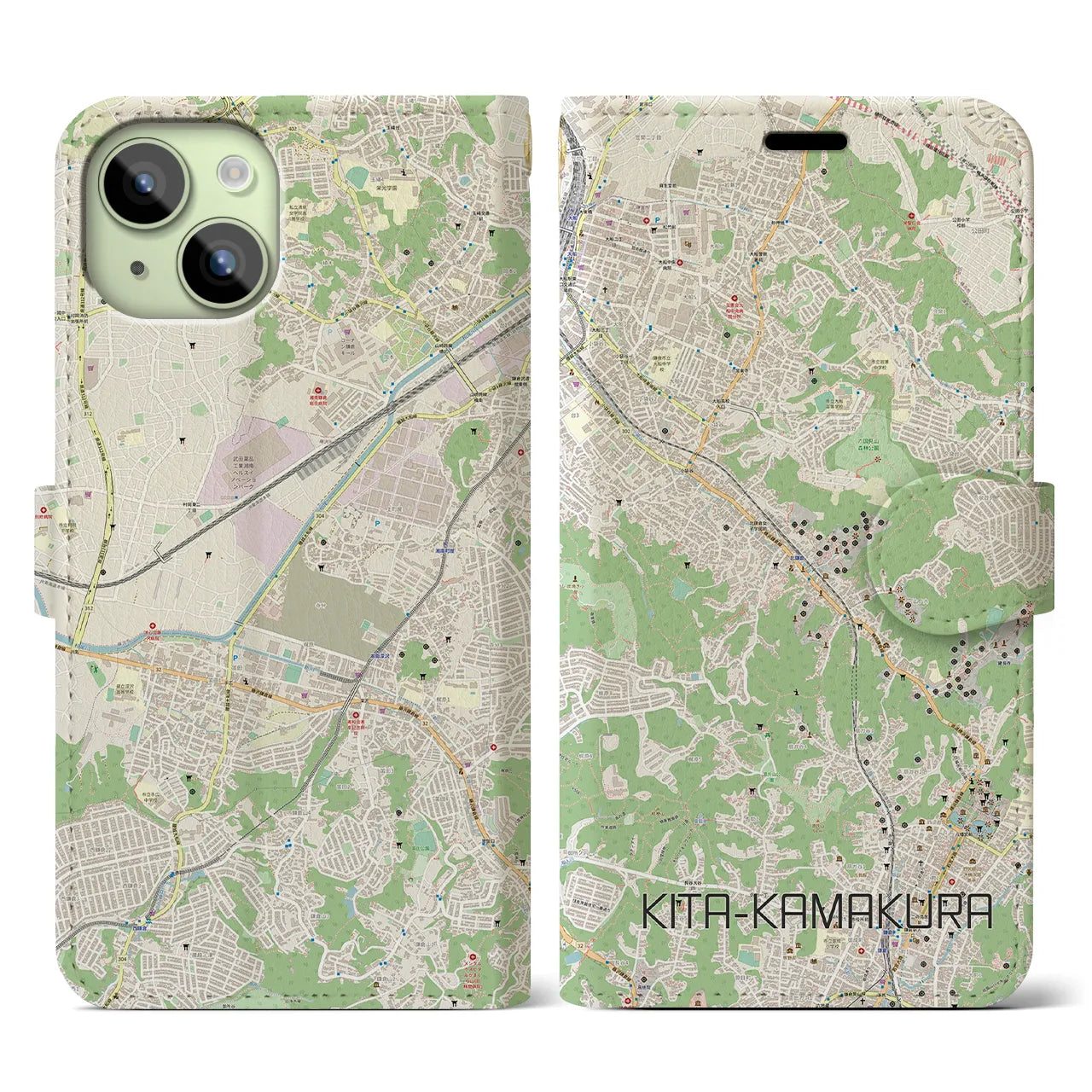 【北鎌倉(神奈川県)】地図柄iPhoneケース(手帳タイプ)ナチュラル・iPhone 15 用