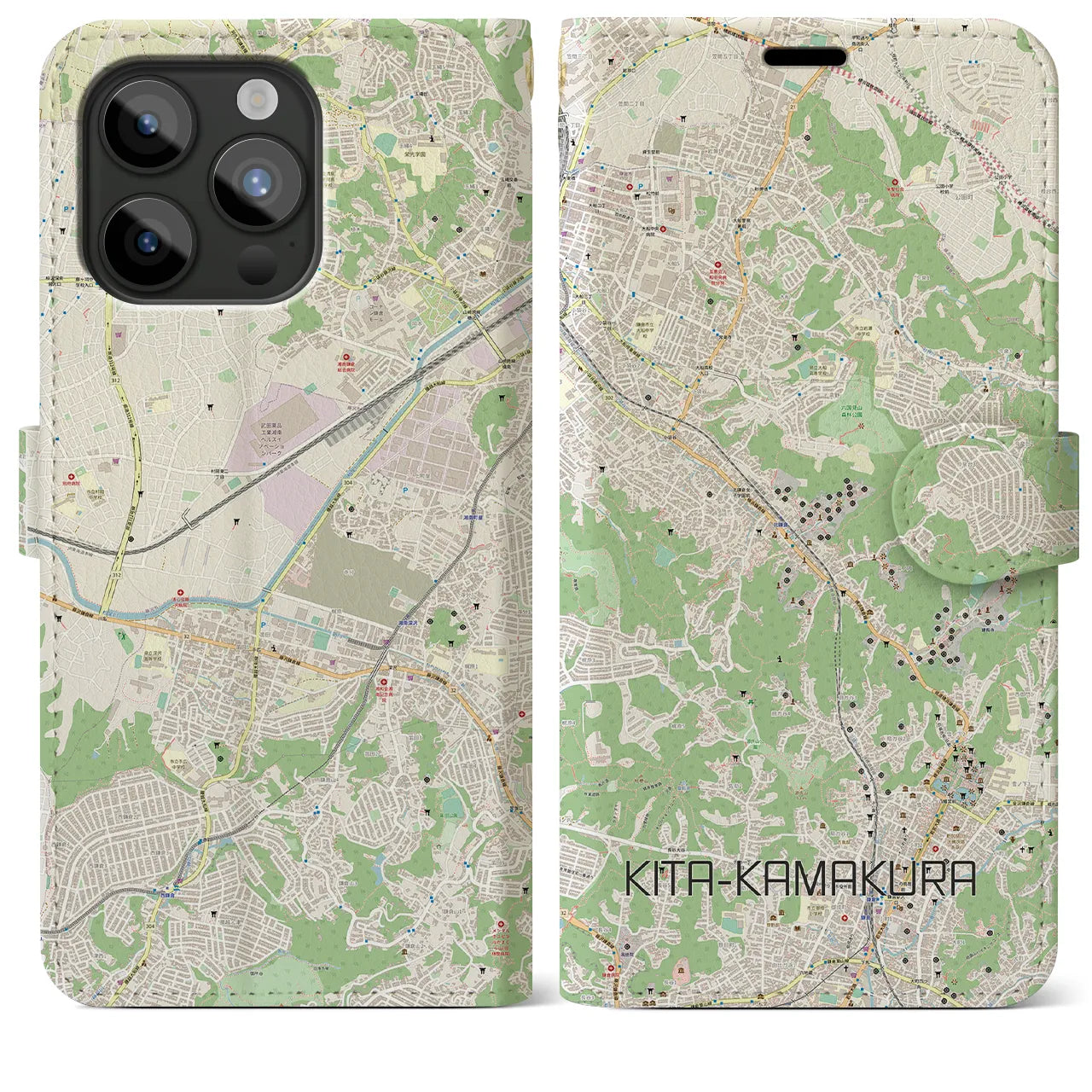 【北鎌倉(神奈川県)】地図柄iPhoneケース(手帳タイプ)ナチュラル・iPhone 15 Pro Max 用