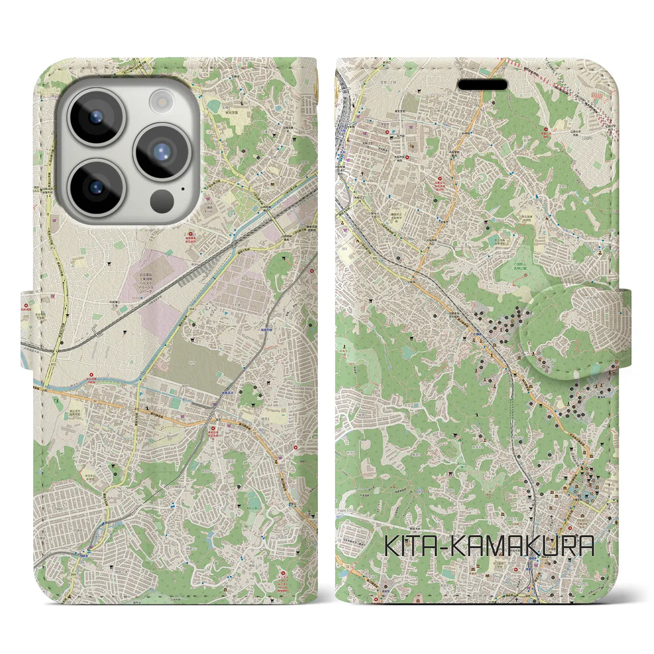 【北鎌倉(神奈川県)】地図柄iPhoneケース(手帳タイプ)ナチュラル・iPhone 15 Pro 用