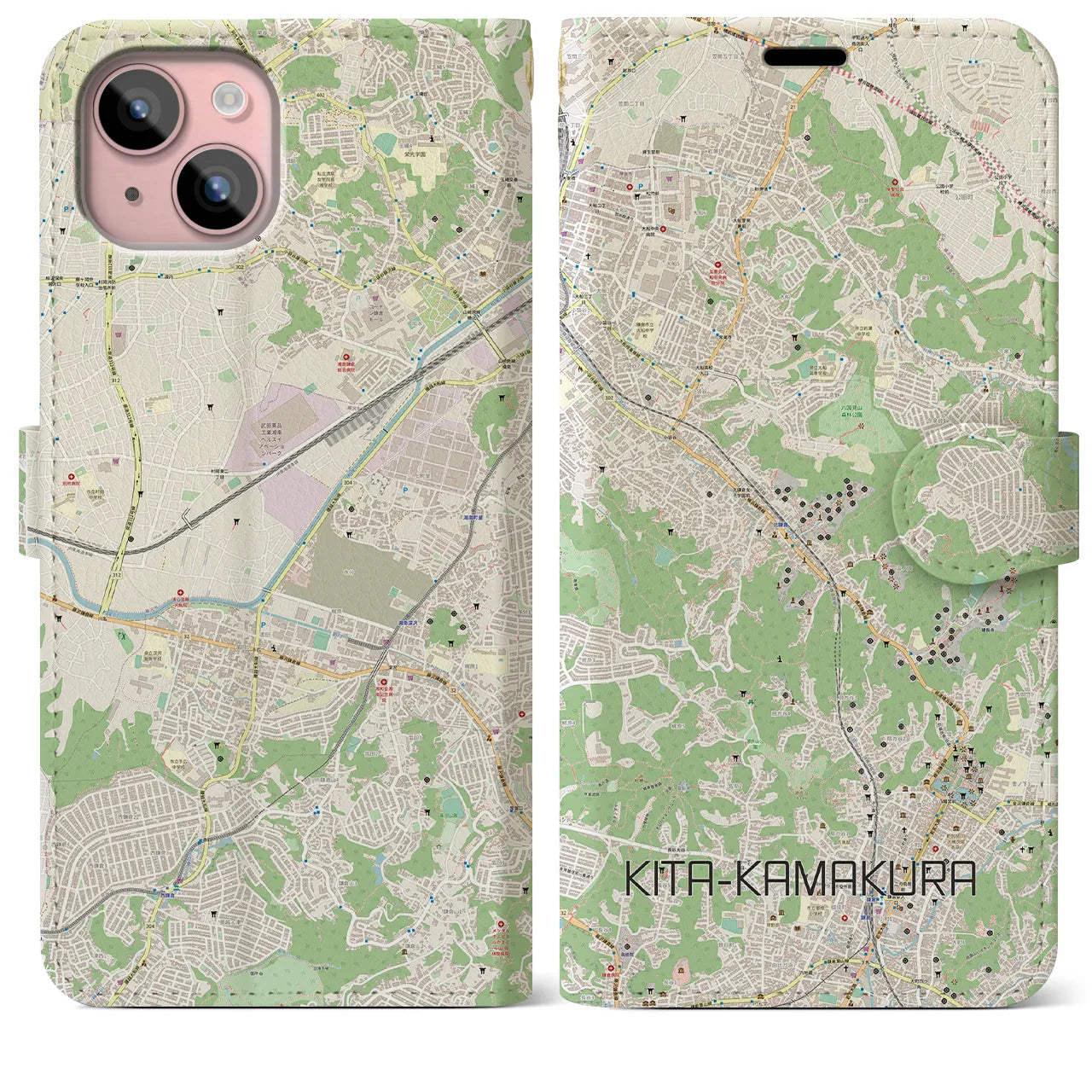 【北鎌倉(神奈川県)】地図柄iPhoneケース(手帳タイプ)ナチュラル・iPhone 15 Plus 用