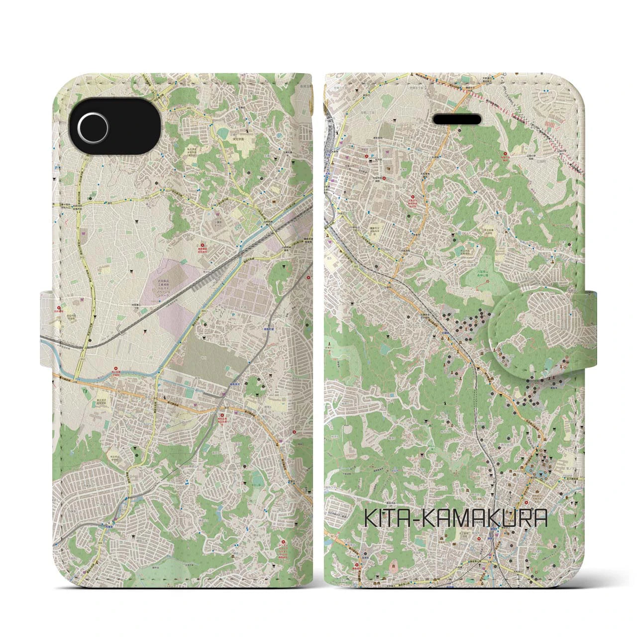 【北鎌倉(神奈川県)】地図柄iPhoneケース(手帳タイプ)ナチュラル・iPhone SE(第3 / 第2世代) / 8 / 7 / 6s / 6 用
