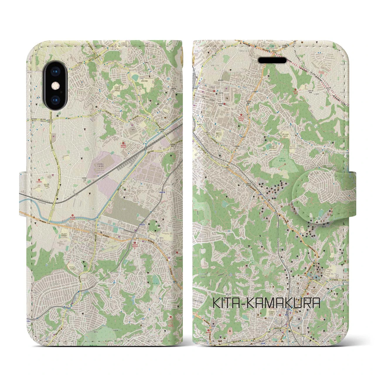 【北鎌倉(神奈川県)】地図柄iPhoneケース(手帳タイプ)ナチュラル・iPhone XS / X 用