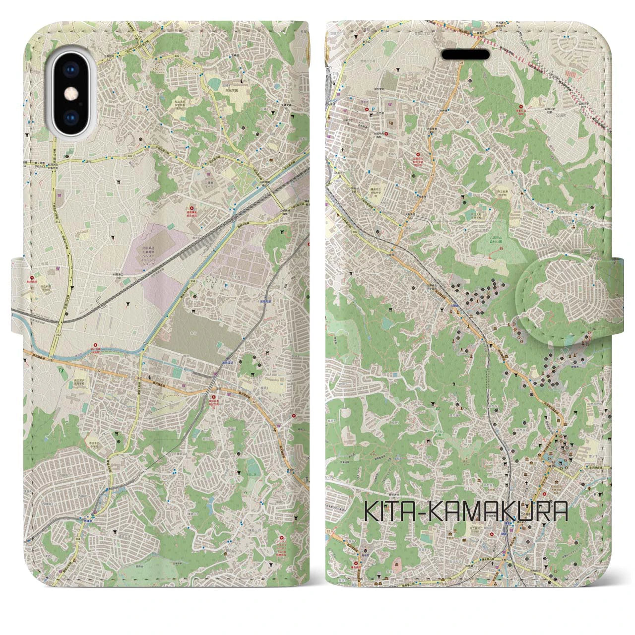 【北鎌倉(神奈川県)】地図柄iPhoneケース(手帳タイプ)ナチュラル・iPhone XS Max 用