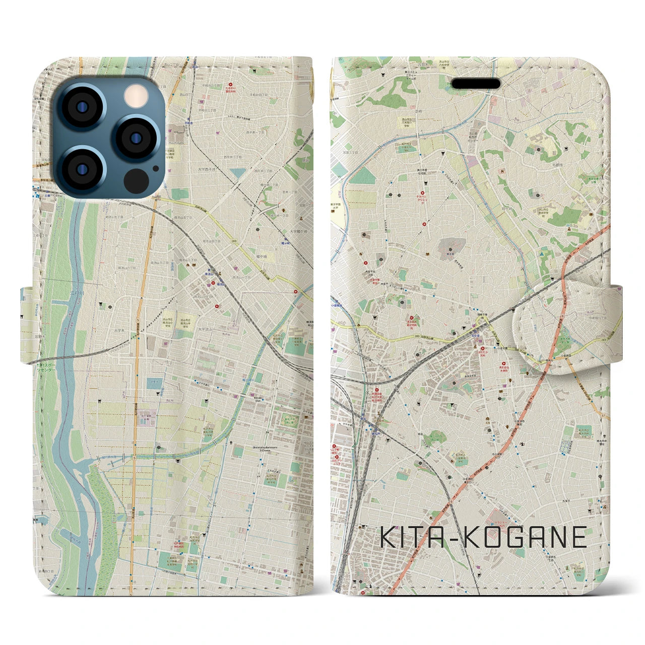 【北小金(千葉県)】地図柄iPhoneケース(手帳タイプ)ナチュラル・iPhone 12 / 12 Pro 用