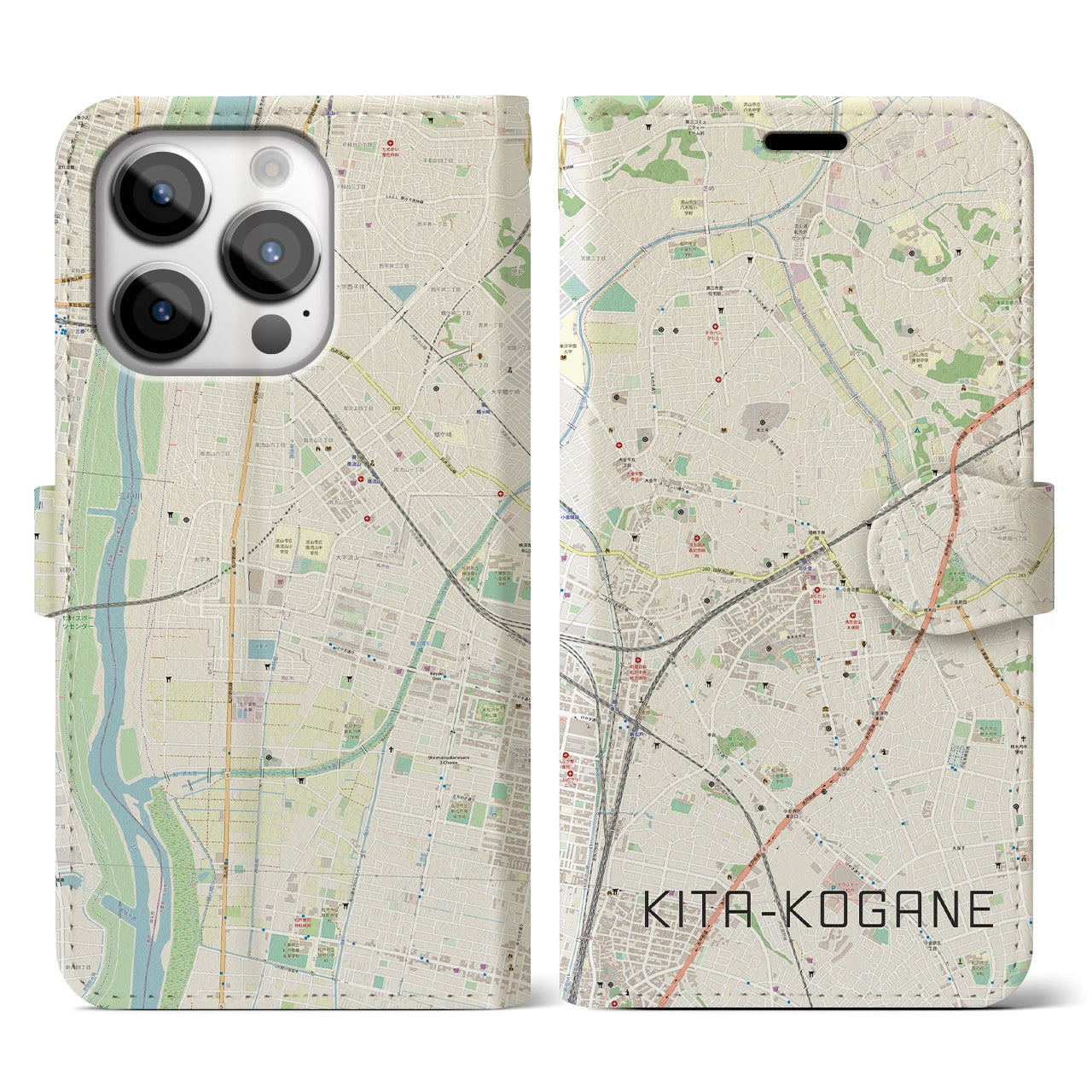 【北小金(千葉県)】地図柄iPhoneケース(手帳タイプ)ナチュラル・iPhone 14 Pro 用