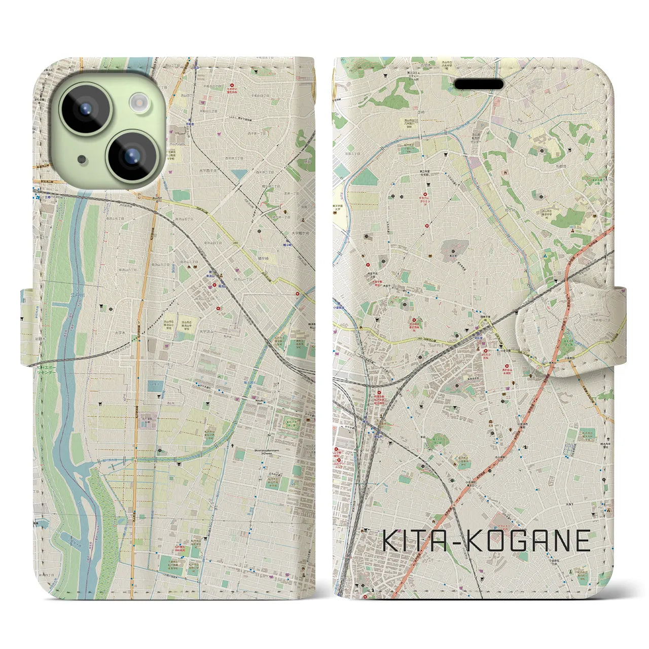【北小金(千葉県)】地図柄iPhoneケース(手帳タイプ)ナチュラル・iPhone 15 用