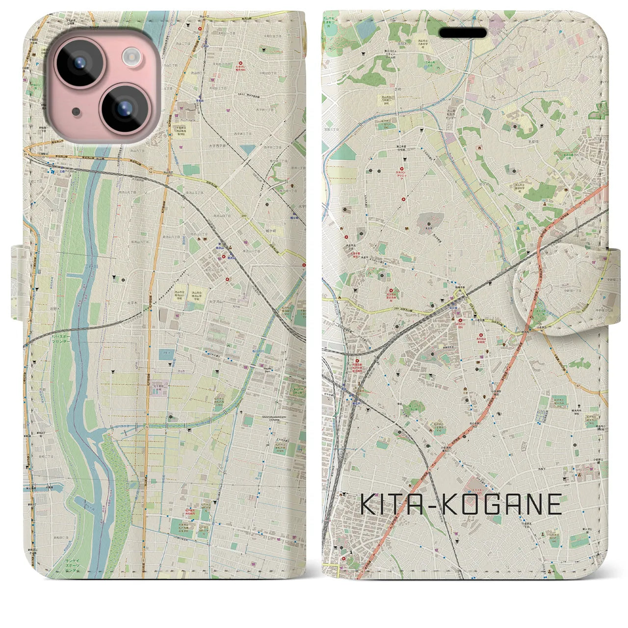 【北小金(千葉県)】地図柄iPhoneケース(手帳タイプ)ナチュラル・iPhone 15 Plus 用
