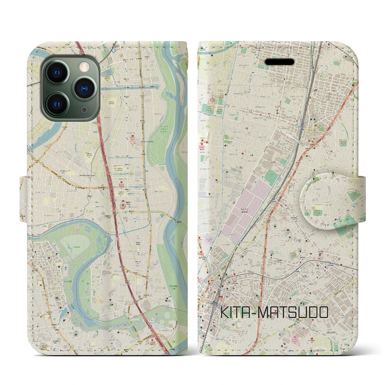 【北松戸(千葉県)】地図柄iPhoneケース(手帳タイプ)ナチュラル・iPhone 11 Pro 用