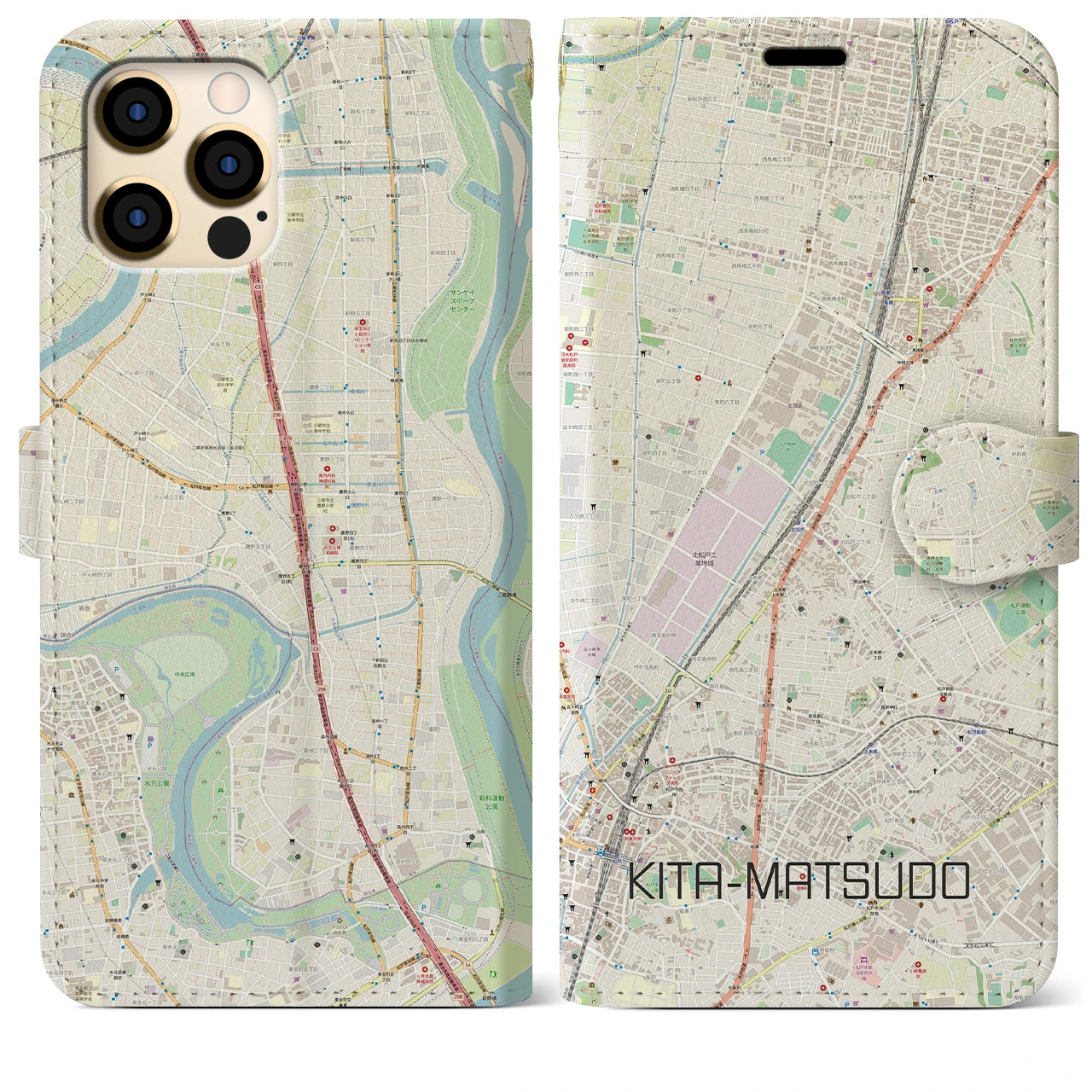 【北松戸(千葉県)】地図柄iPhoneケース(手帳タイプ)ナチュラル・iPhone 12 Pro Max 用