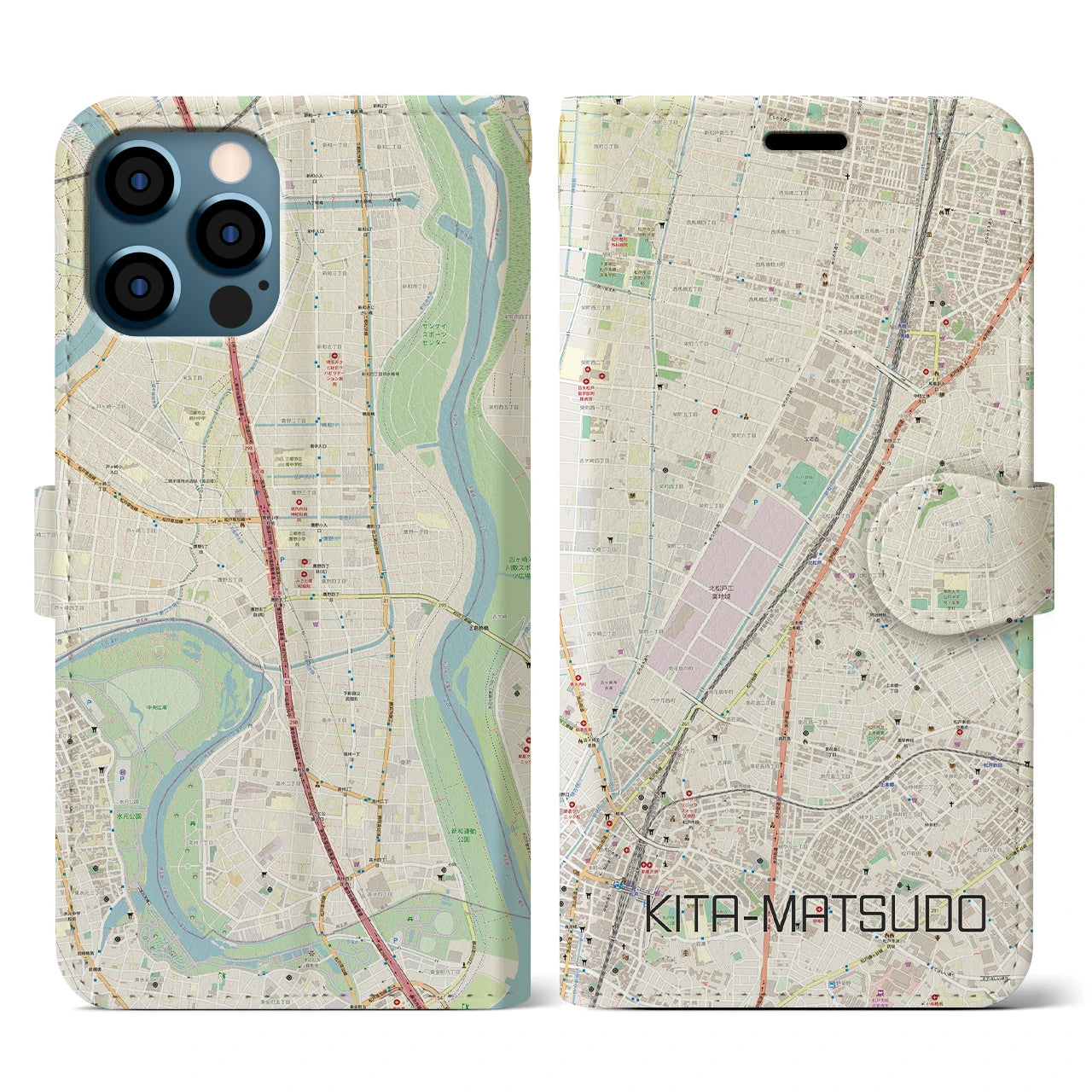 【北松戸(千葉県)】地図柄iPhoneケース(手帳タイプ)ナチュラル・iPhone 12 / 12 Pro 用