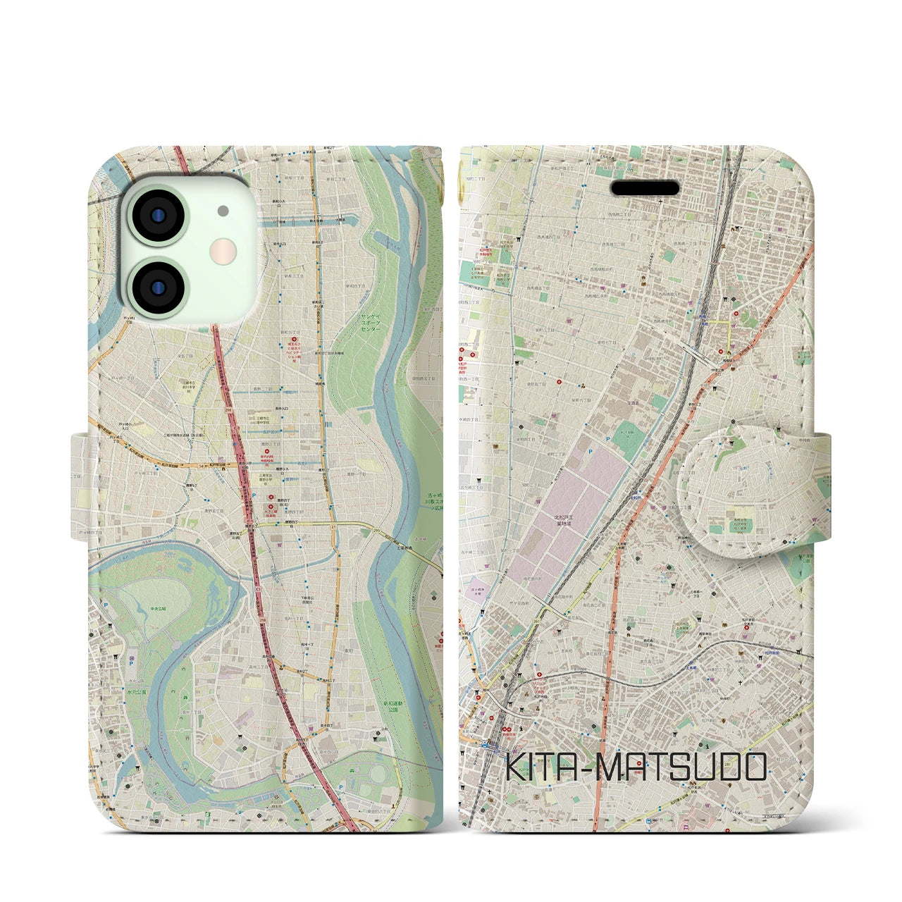 【北松戸(千葉県)】地図柄iPhoneケース(手帳タイプ)ナチュラル・iPhone 12 mini 用