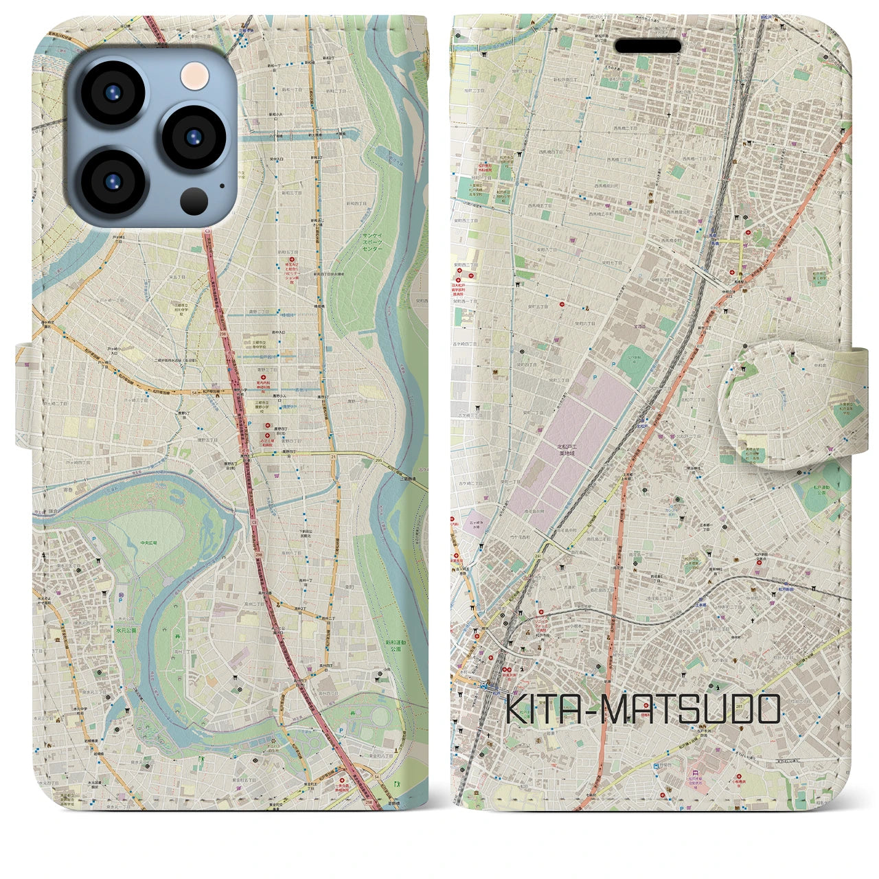 【北松戸(千葉県)】地図柄iPhoneケース(手帳タイプ)ナチュラル・iPhone 13 Pro Max 用