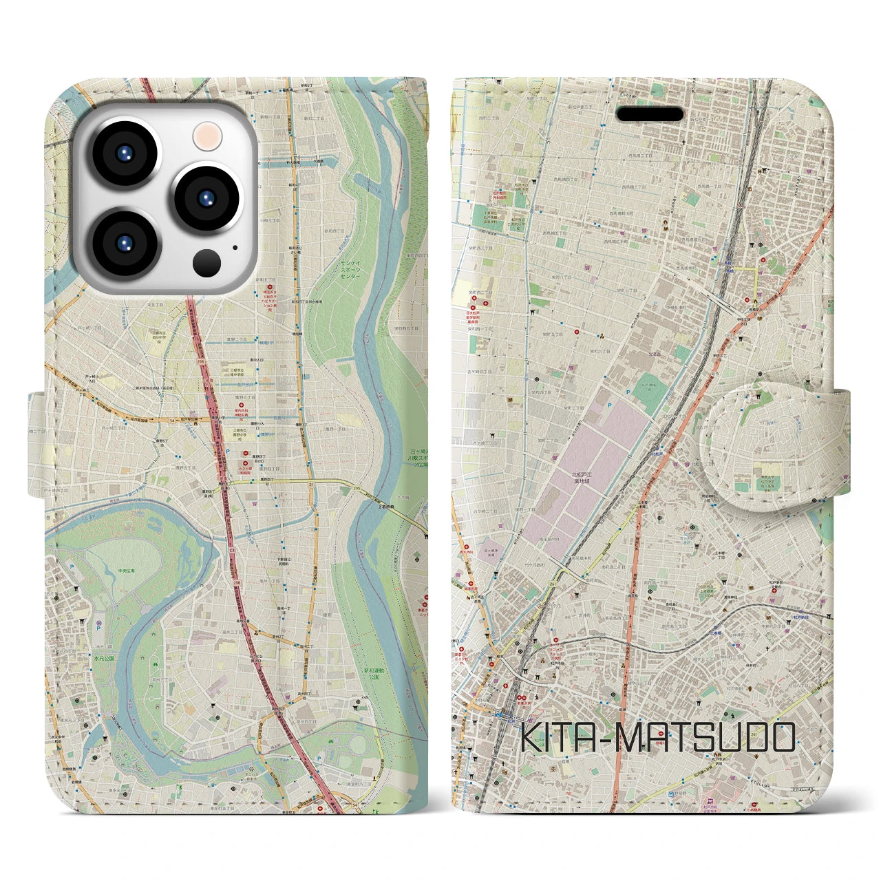 【北松戸(千葉県)】地図柄iPhoneケース(手帳タイプ)ナチュラル・iPhone 13 Pro 用