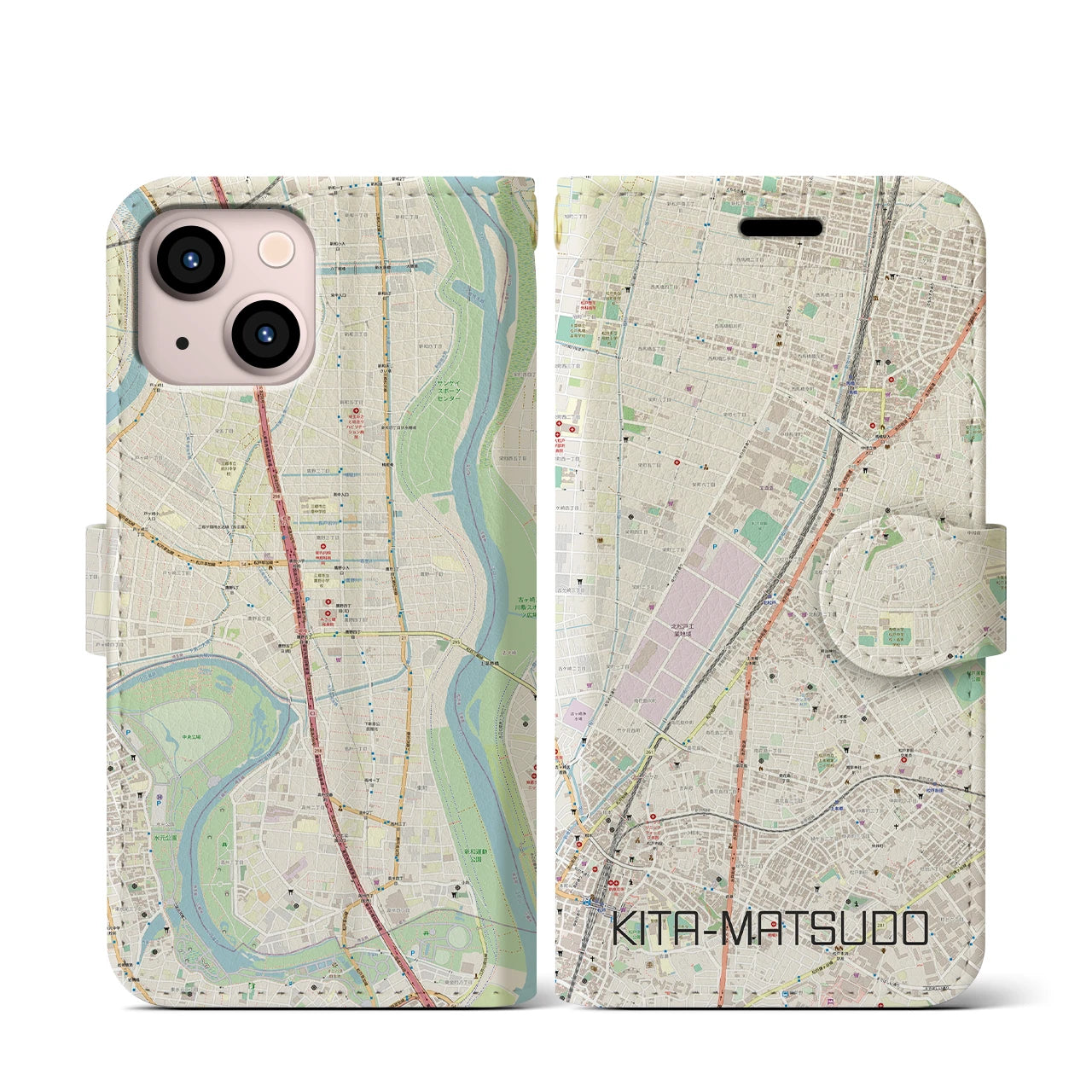 【北松戸(千葉県)】地図柄iPhoneケース(手帳タイプ)ナチュラル・iPhone 13 mini 用