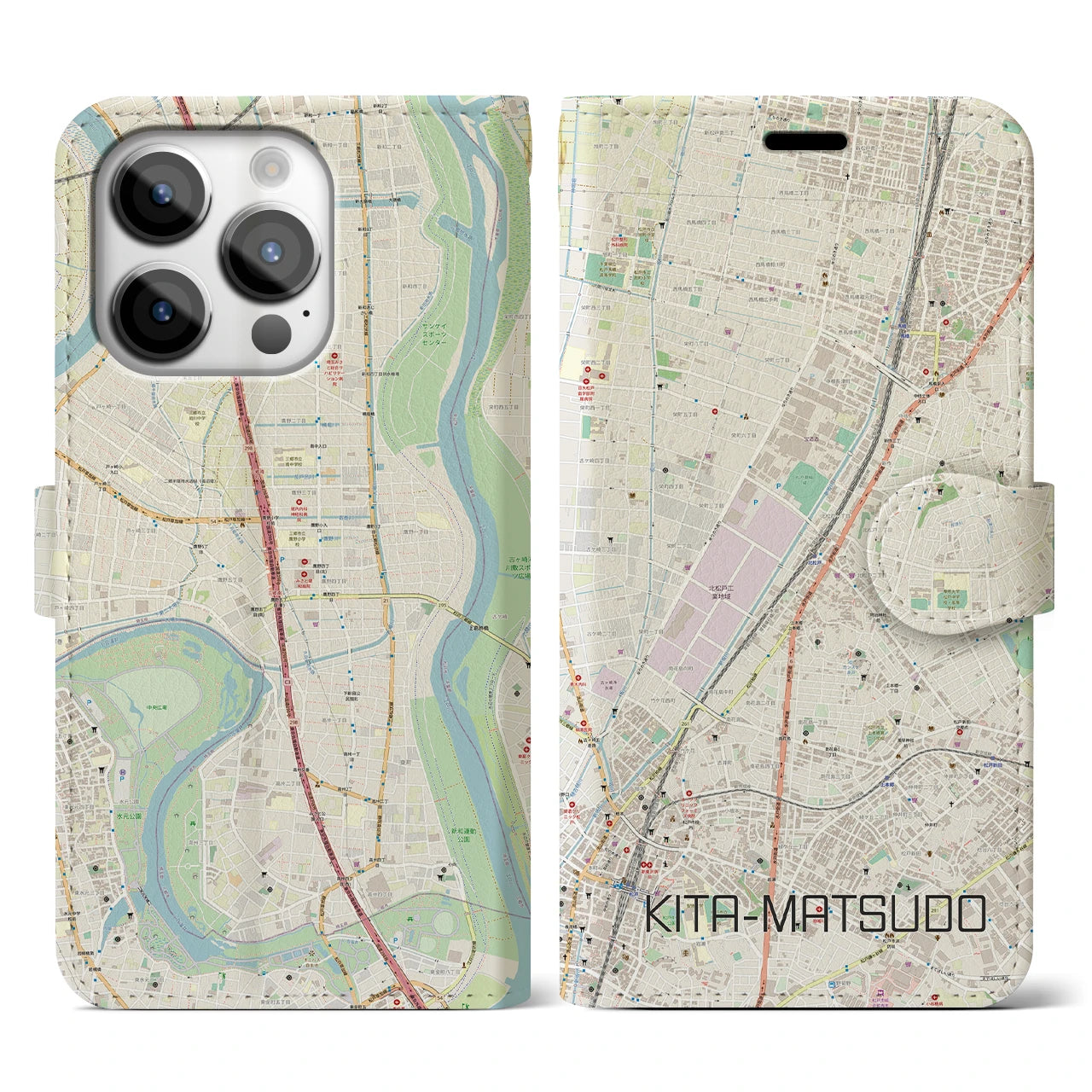 【北松戸(千葉県)】地図柄iPhoneケース(手帳タイプ)ナチュラル・iPhone 14 Pro 用