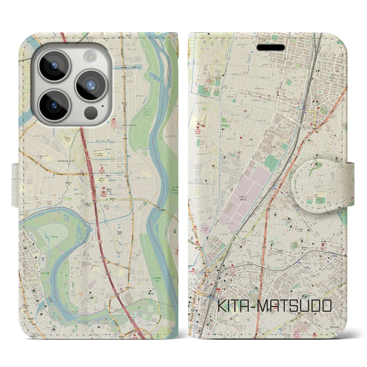 【北松戸(千葉県)】地図柄iPhoneケース(手帳タイプ)ナチュラル・iPhone 15 Pro 用