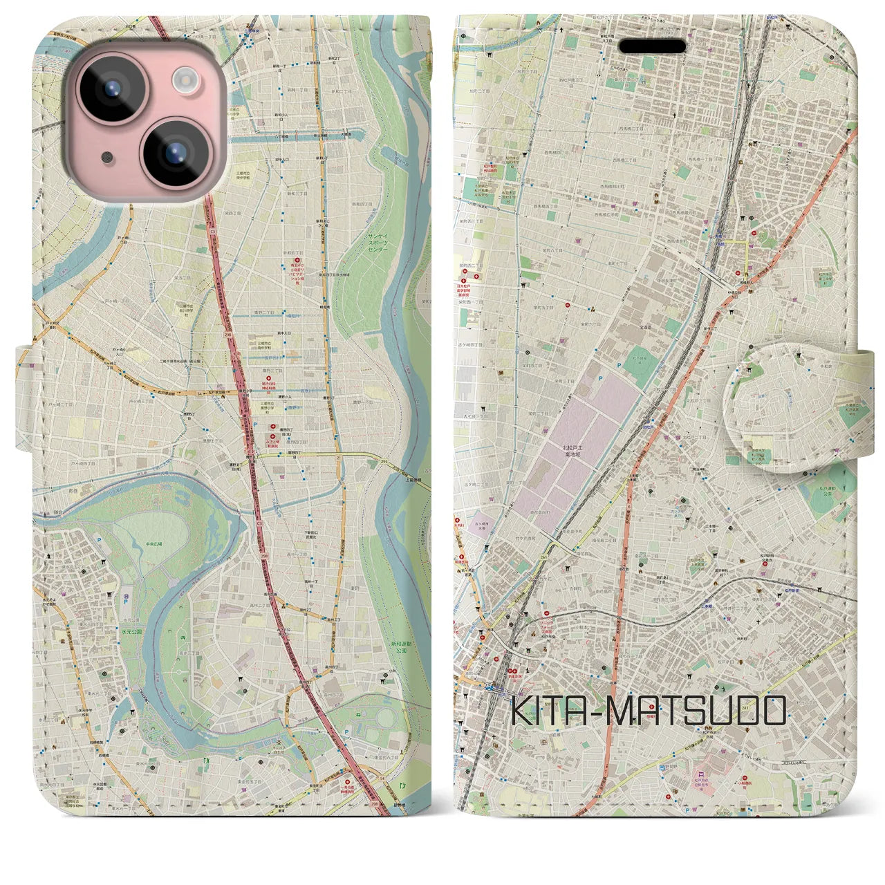 【北松戸(千葉県)】地図柄iPhoneケース(手帳タイプ)ナチュラル・iPhone 15 Plus 用
