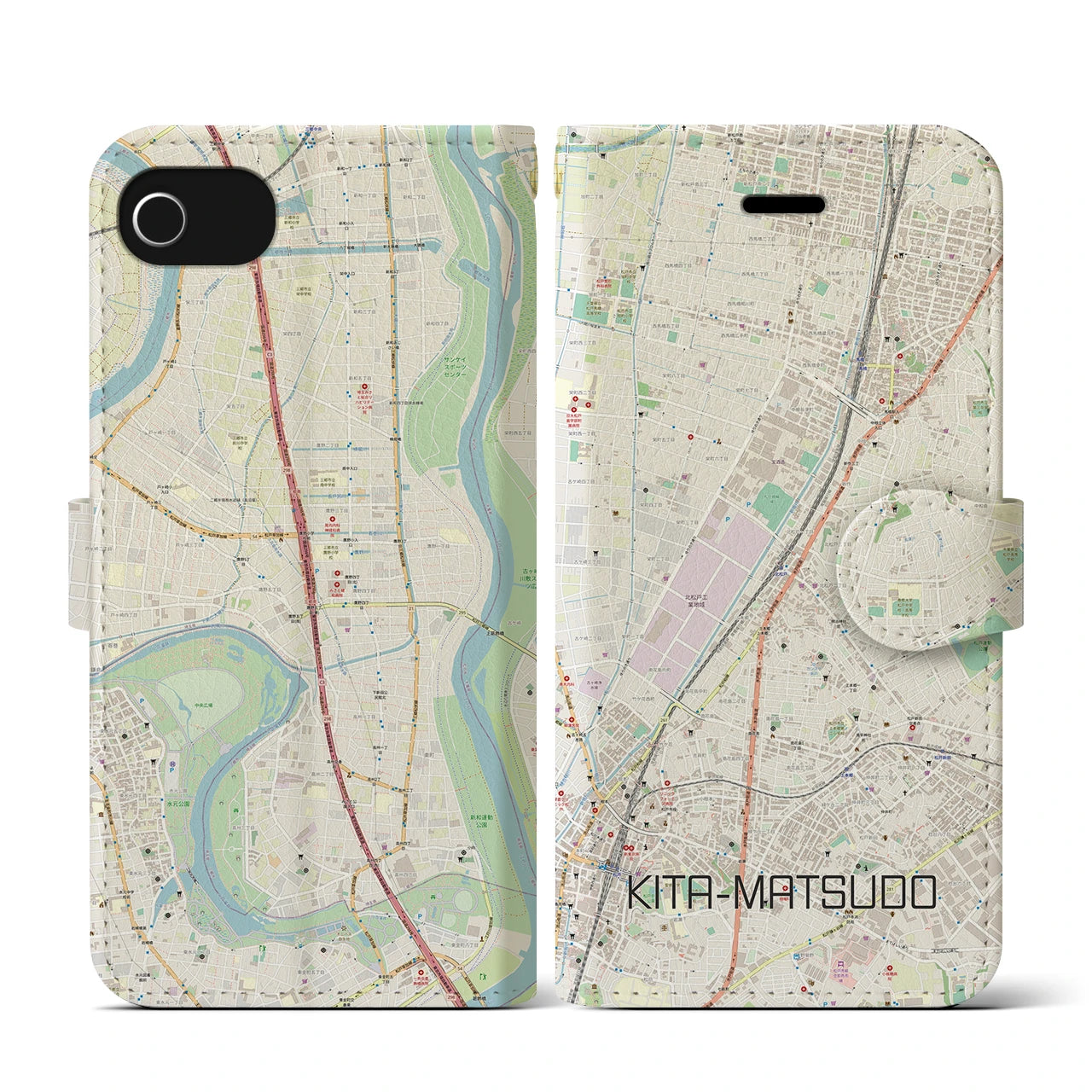【北松戸(千葉県)】地図柄iPhoneケース(手帳タイプ)ナチュラル・iPhone SE(第3 / 第2世代) / 8 / 7 / 6s / 6 用