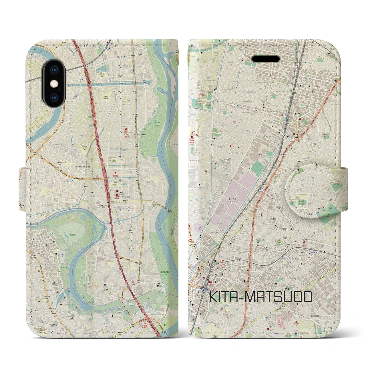 【北松戸(千葉県)】地図柄iPhoneケース(手帳タイプ)ナチュラル・iPhone XS / X 用