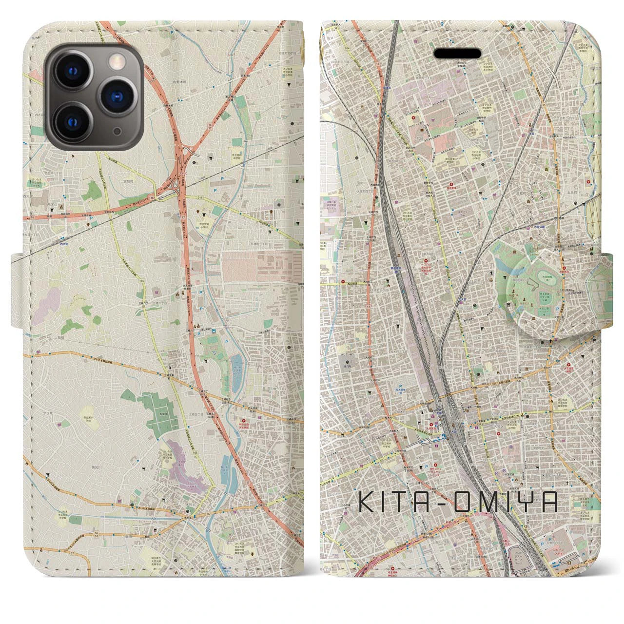 【北大宮(埼玉県)】地図柄iPhoneケース(手帳タイプ)ナチュラル・iPhone 11 Pro Max 用