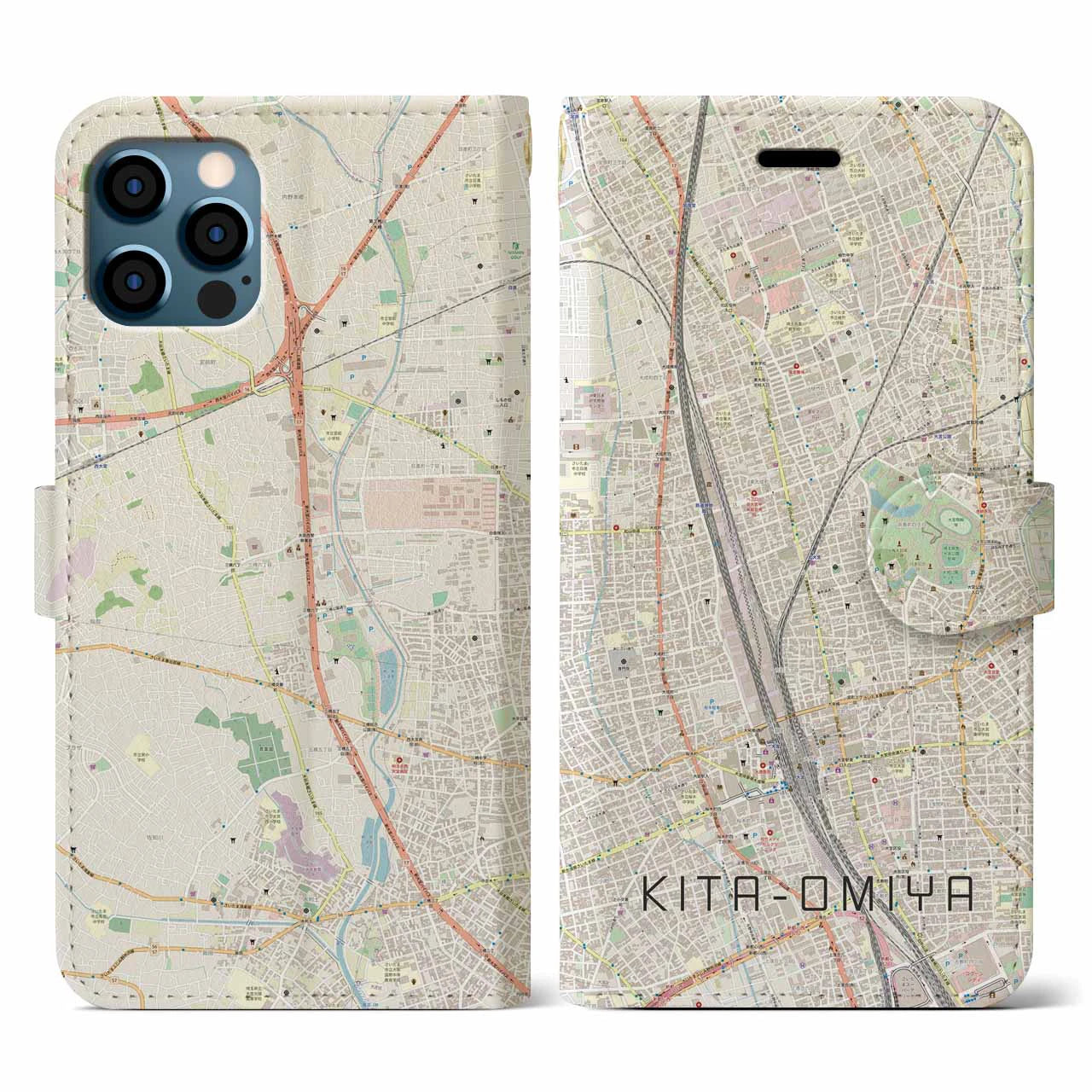 【北大宮(埼玉県)】地図柄iPhoneケース(手帳タイプ)ナチュラル・iPhone 12 / 12 Pro 用