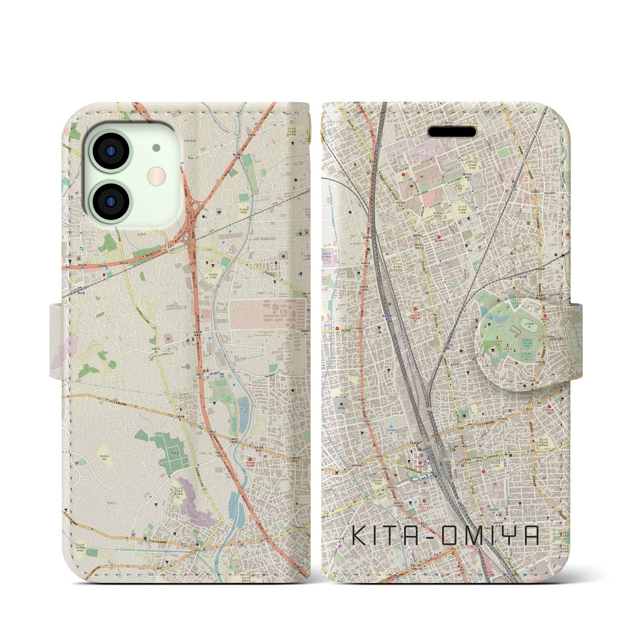 【北大宮(埼玉県)】地図柄iPhoneケース(手帳タイプ)ナチュラル・iPhone 12 mini 用