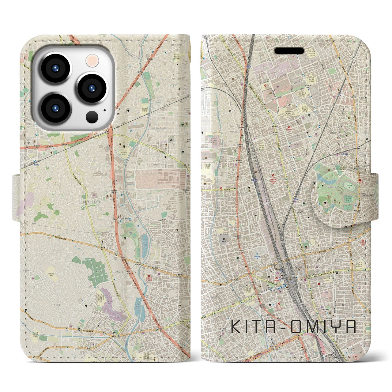 【北大宮(埼玉県)】地図柄iPhoneケース(手帳タイプ)ナチュラル・iPhone 13 Pro 用