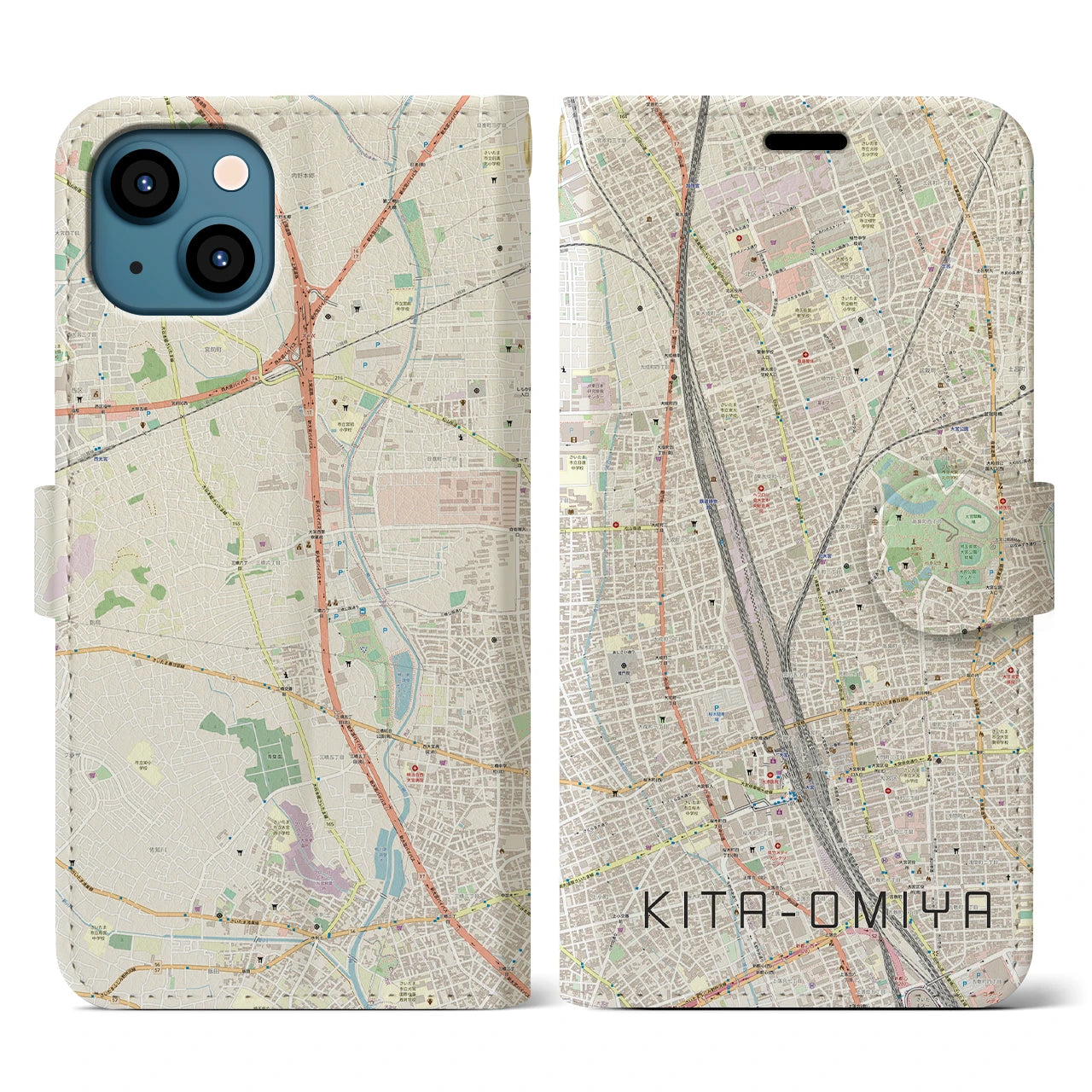 【北大宮(埼玉県)】地図柄iPhoneケース(手帳タイプ)ナチュラル・iPhone 13 用