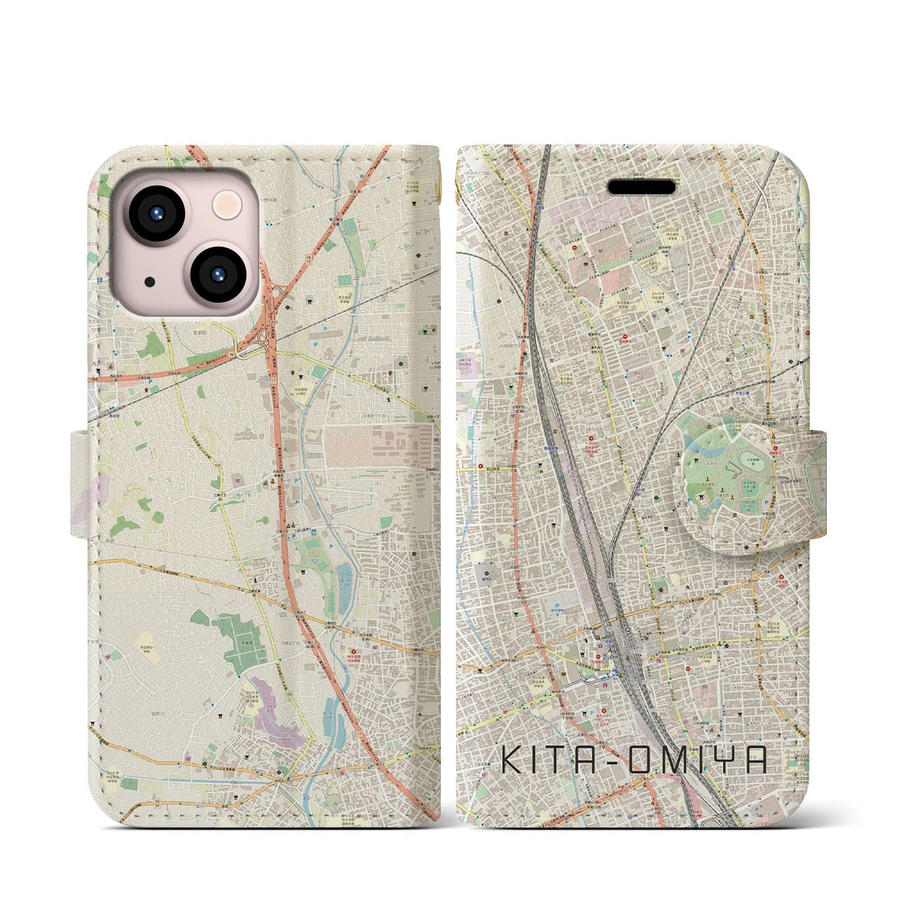 【北大宮(埼玉県)】地図柄iPhoneケース(手帳タイプ)ナチュラル・iPhone 13 mini 用