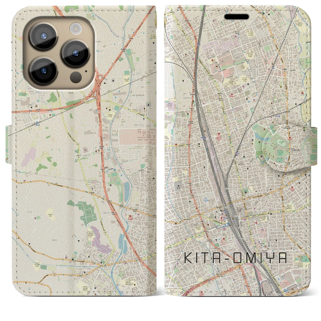 【北大宮(埼玉県)】地図柄iPhoneケース(手帳タイプ)ナチュラル・iPhone 14 Pro Max 用