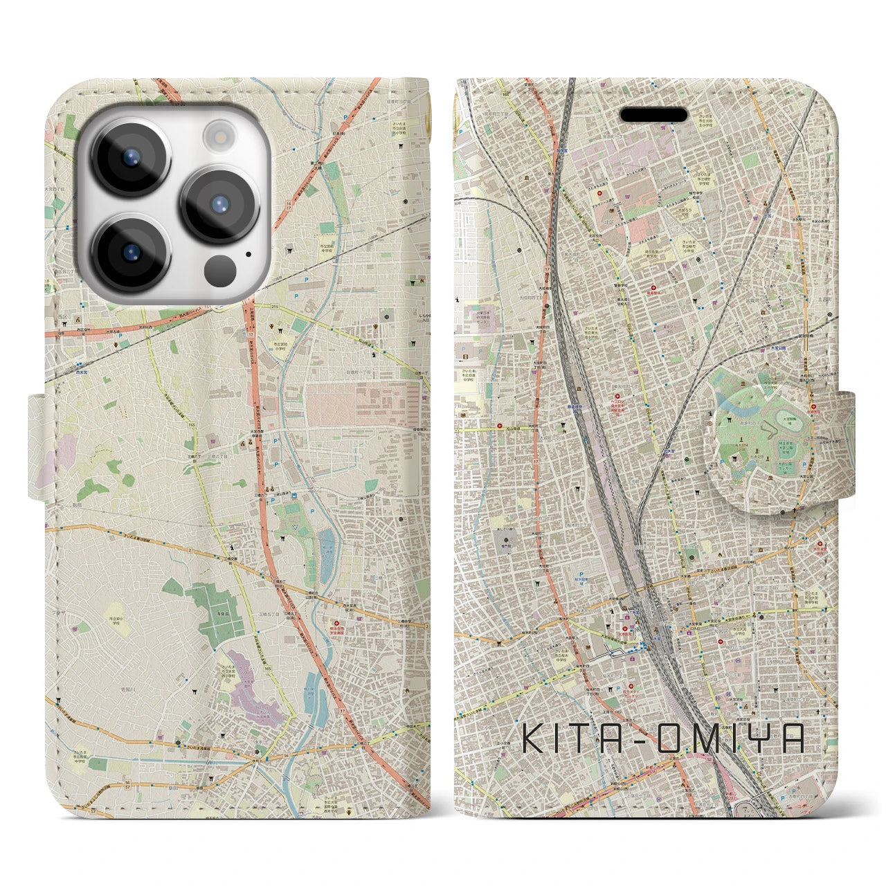【北大宮(埼玉県)】地図柄iPhoneケース(手帳タイプ)ナチュラル・iPhone 14 Pro 用