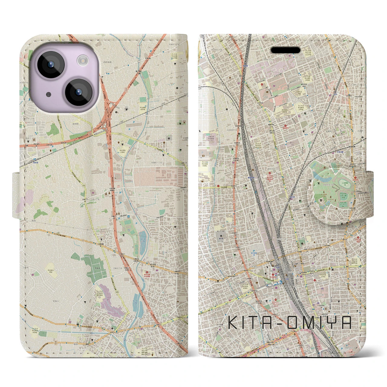 【北大宮(埼玉県)】地図柄iPhoneケース(手帳タイプ)ナチュラル・iPhone 14 用