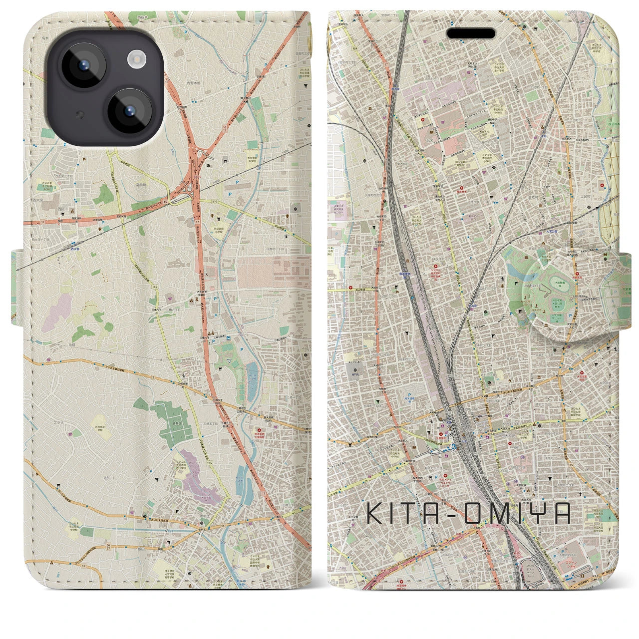 【北大宮(埼玉県)】地図柄iPhoneケース(手帳タイプ)ナチュラル・iPhone 14 Plus 用