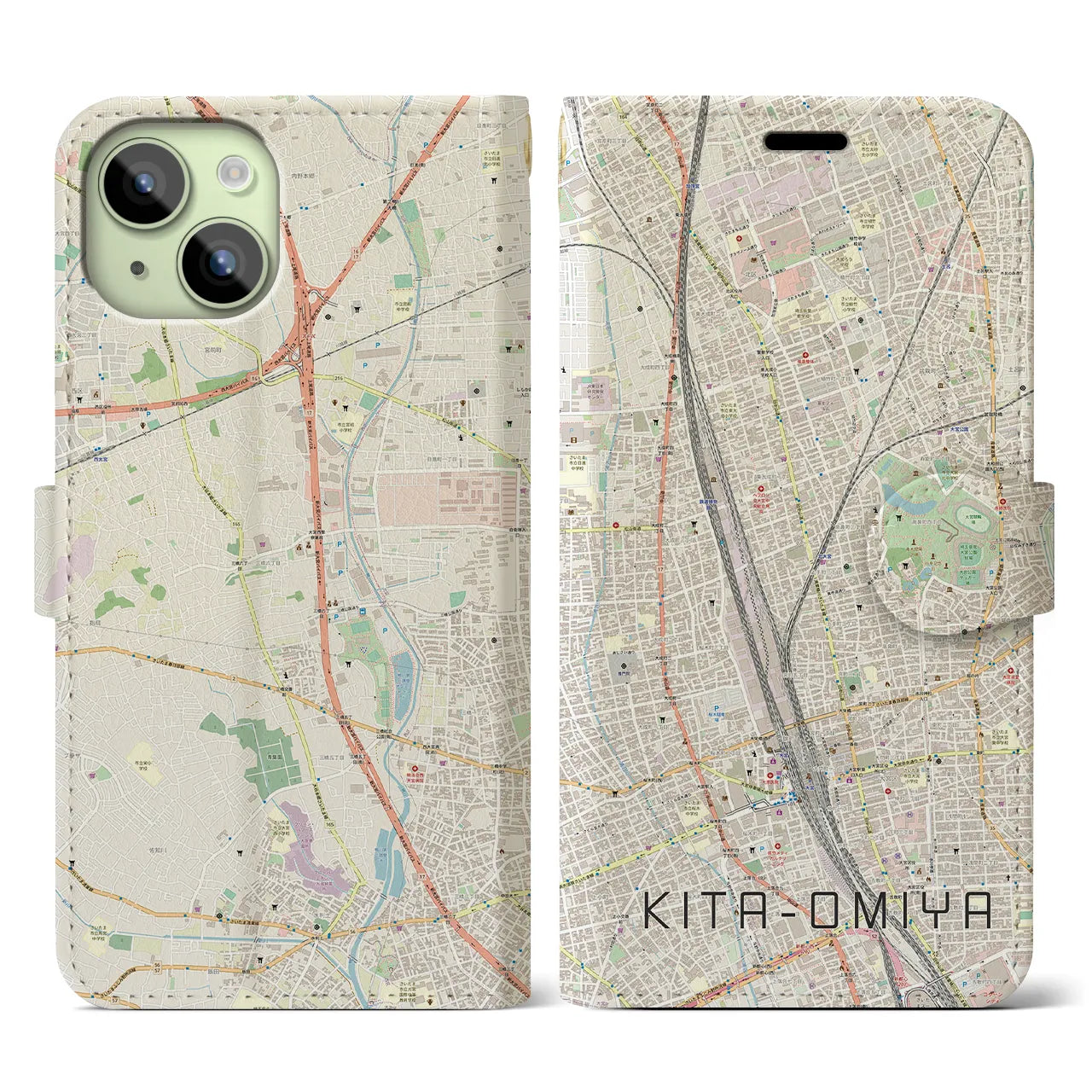 【北大宮(埼玉県)】地図柄iPhoneケース(手帳タイプ)ナチュラル・iPhone 15 用