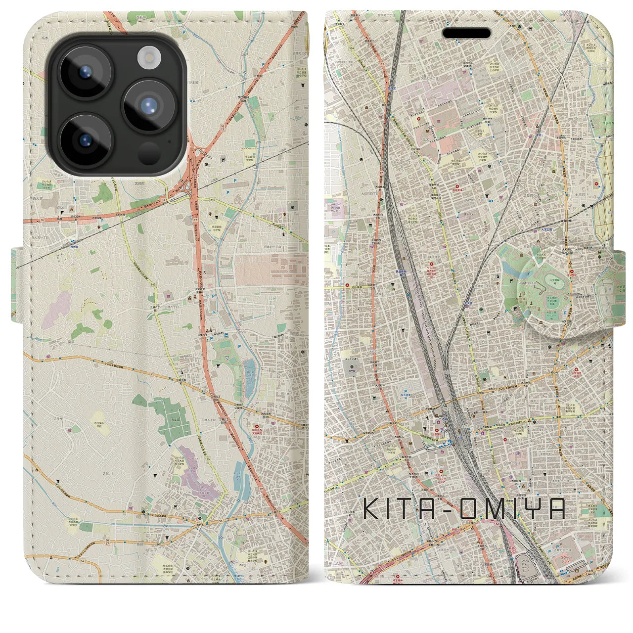 【北大宮(埼玉県)】地図柄iPhoneケース(手帳タイプ)ナチュラル・iPhone 15 Pro Max 用