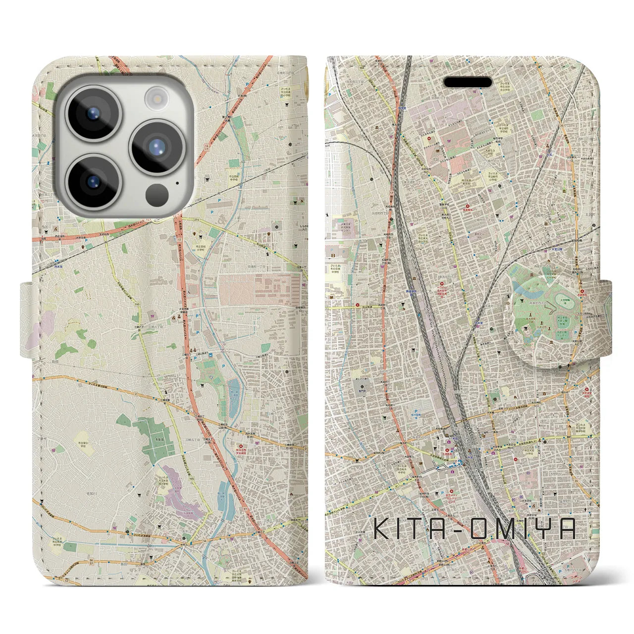 【北大宮(埼玉県)】地図柄iPhoneケース(手帳タイプ)ナチュラル・iPhone 15 Pro 用
