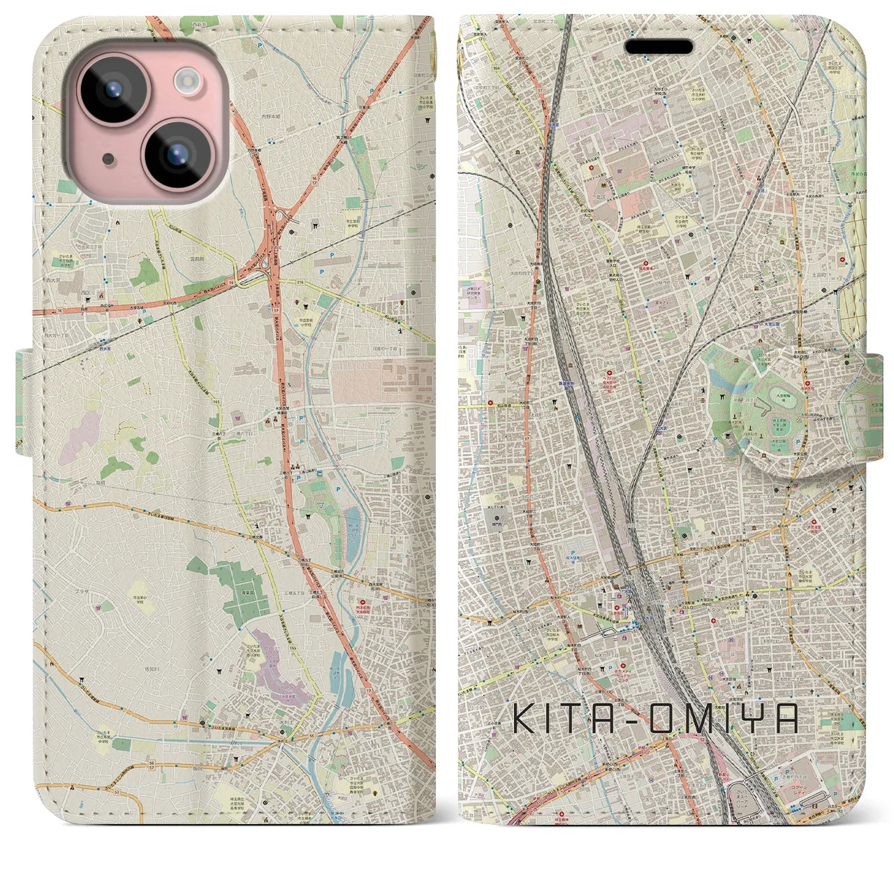 【北大宮(埼玉県)】地図柄iPhoneケース(手帳タイプ)ナチュラル・iPhone 15 Plus 用