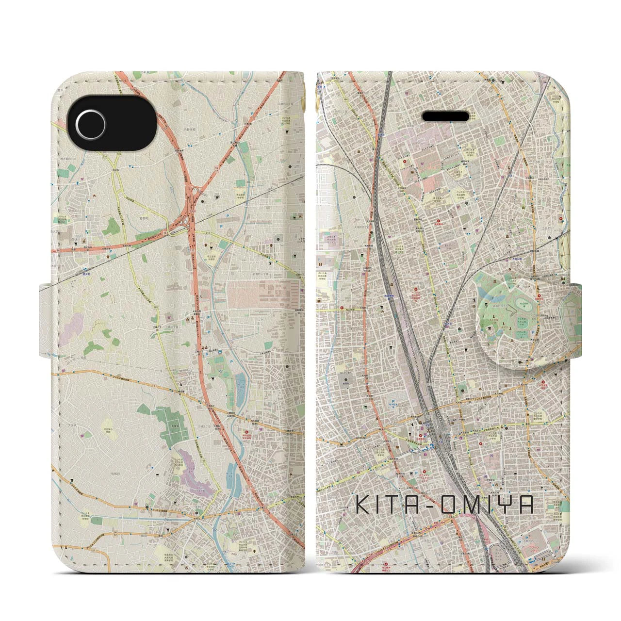 【北大宮(埼玉県)】地図柄iPhoneケース(手帳タイプ)ナチュラル・iPhone SE(第3 / 第2世代) / 8 / 7 / 6s / 6 用
