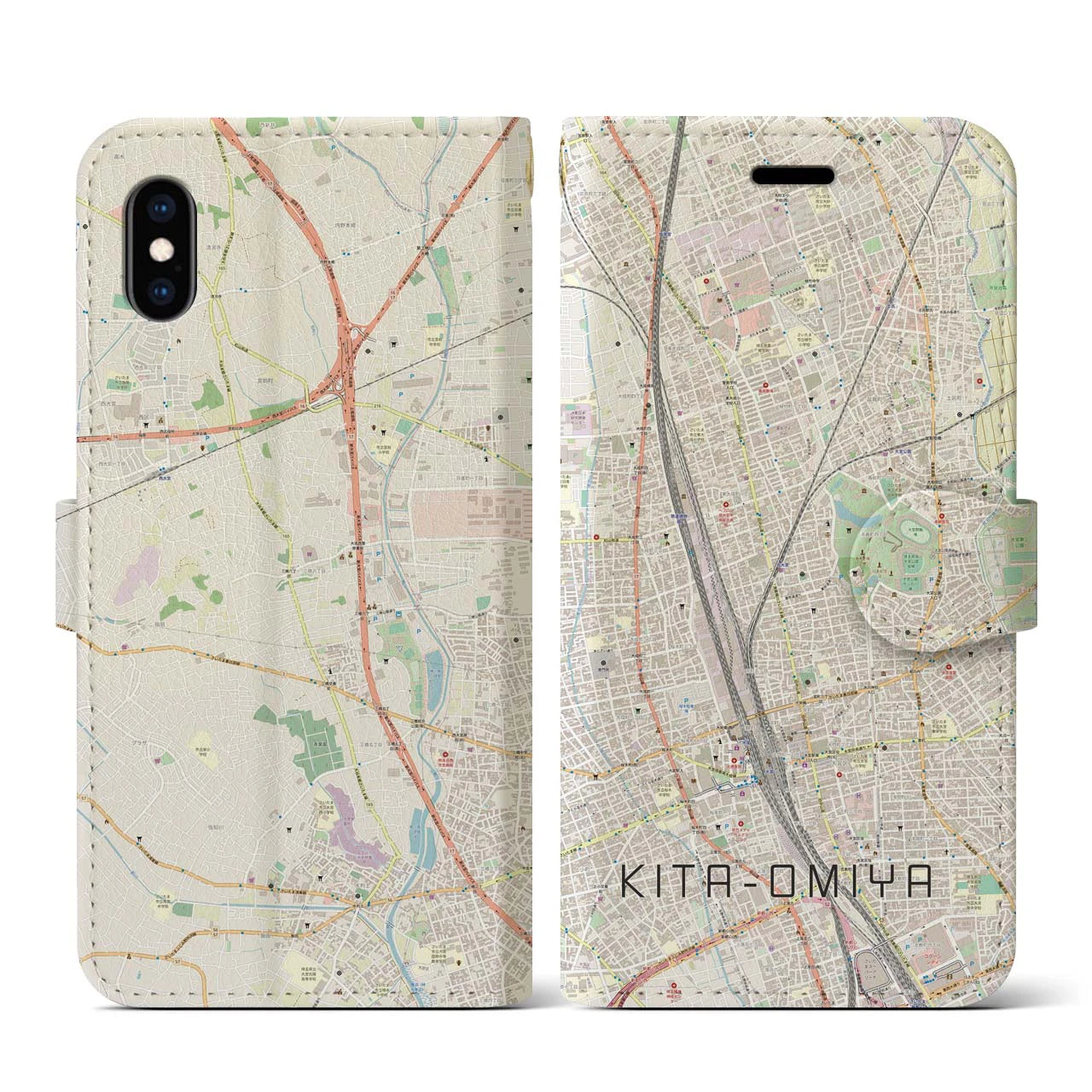 【北大宮(埼玉県)】地図柄iPhoneケース(手帳タイプ)ナチュラル・iPhone XS / X 用